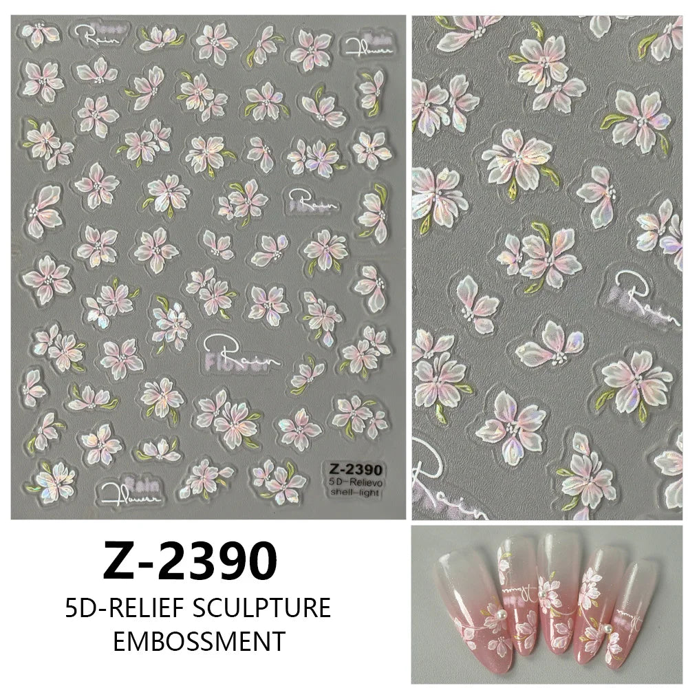 5D Spring Flower Nail Stickers – Embossed Floral Manicure Decals