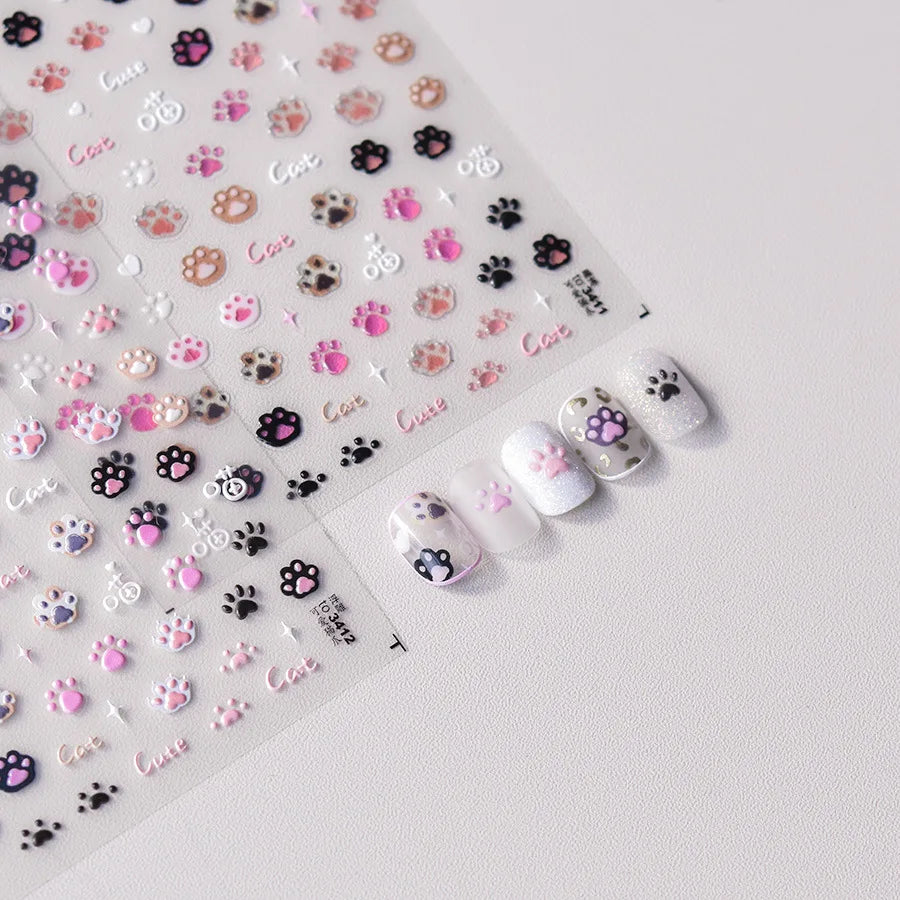 5D Jelly Cat Paw Nail Stickers – Pink Cartoon 3D Manicure Decals