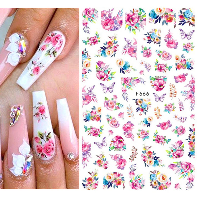 3D Butterfly & Flower Nail Art Stickers – Blue & Purple Decals for Manicure
