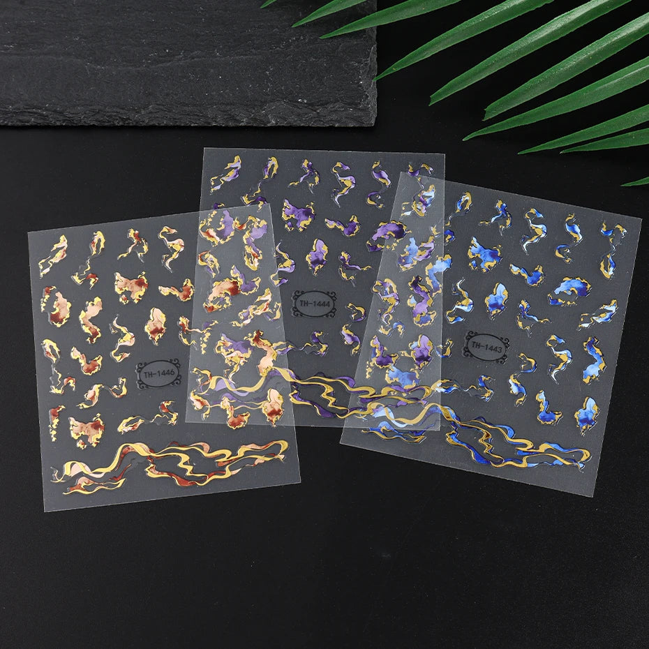 Holographic Purple & Blue Nail Art Stickers – Gold Ink Decals for DIY Manicure