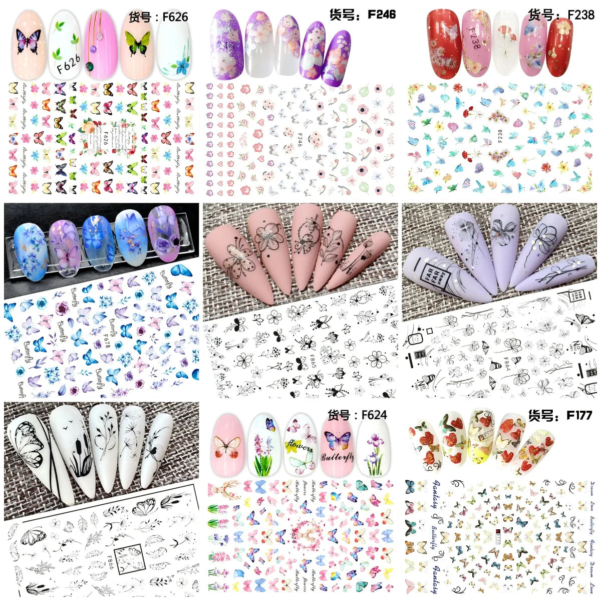 9pcs Spring Nail Stickers – Butterfly & Flower Self-Adhesive Decals