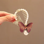 Elegant Butterfly Ponytail Hair Clip – Blue & Red Hairpin with Pearl Tassel for Women