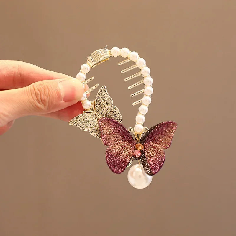 Elegant Butterfly Ponytail Hair Clip – Blue & Red Hairpin with Pearl Tassel for Women