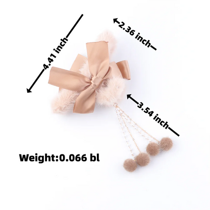 Furry Big Bow Hair Claw Clip – Pearl Tassel Banana Jaw Clip for Women & Girls