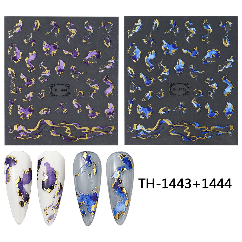 Holographic Purple & Blue Nail Art Stickers – Gold Ink Decals for DIY Manicure