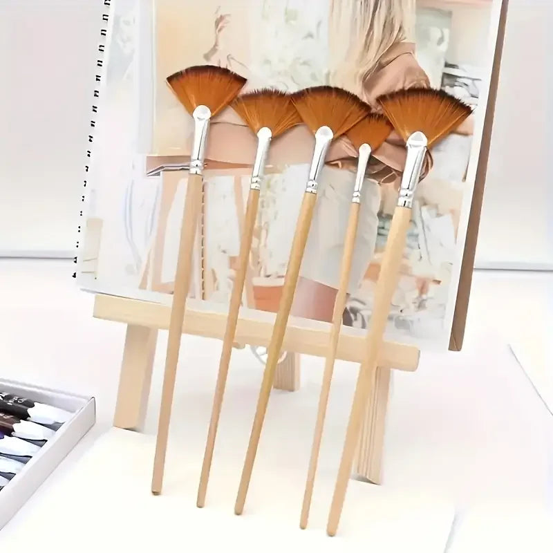 5pcs Fan Paint Brush Set – Nylon Hair Acrylic & Oil Painting Brushes with Short Wooden Handles