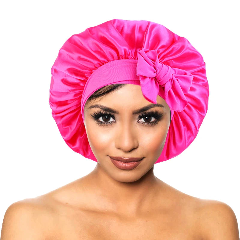 New Women’s Satin Sleeping Bonnet with Tie Bands – Adjustable Silky Cap for Curly Hair & Shower Use