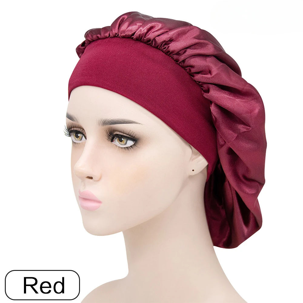 Adjustable Solid Satin Bonnet – Long Hair Care Sleep Hat for Women, Silk Head Wrap & Shower Cap