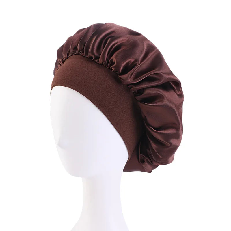 New Women’s Satin Solid Wide-Brimmed Sleeping Hat – Unisex Elastic Head Wrap Bonnet for Hair Care