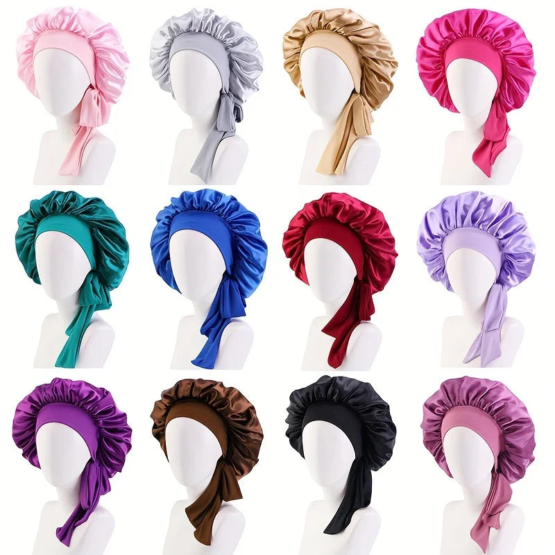 Solid Color Satin Bonnet – High-Quality Adjustable Nightcap & Shower Cap for Women’s Hair Care