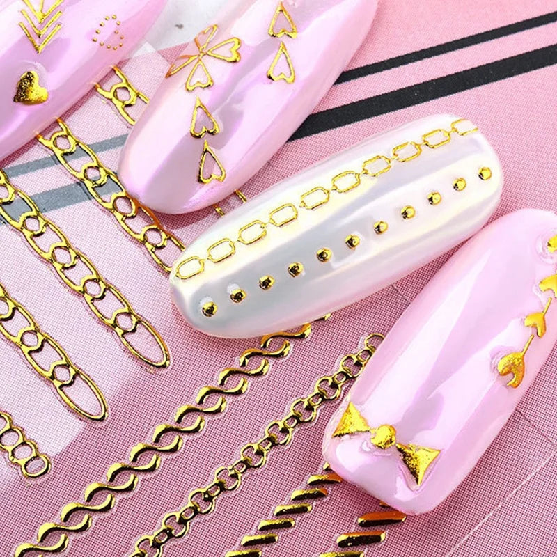 3D Gold Metal Nail Stickers – Chain & Zipper Decals for Women