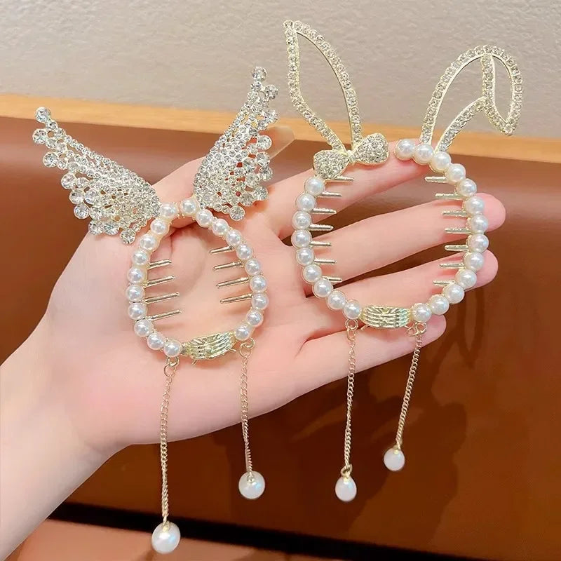 Elegant Butterfly Ponytail Hair Clip – Blue & Red Hairpin with Pearl Tassel for Women