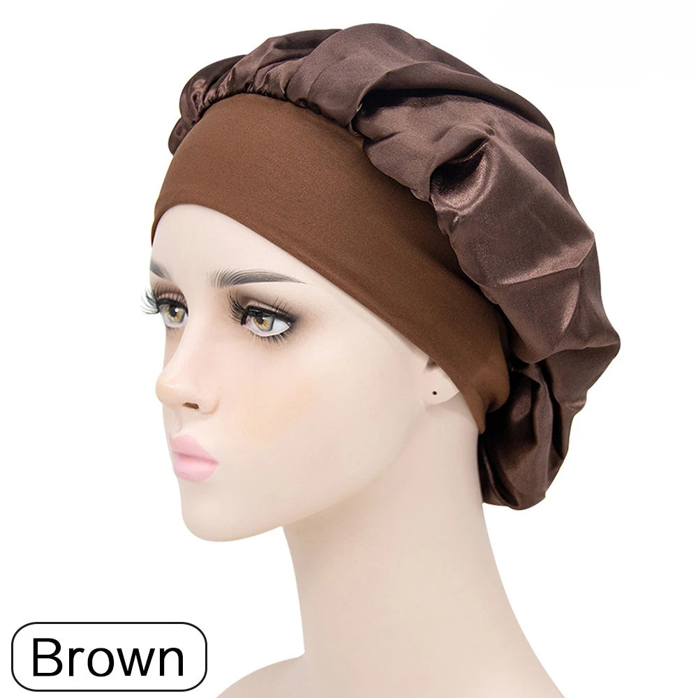 Adjustable Solid Satin Bonnet – Long Hair Care Sleep Hat for Women, Silk Head Wrap & Shower Cap