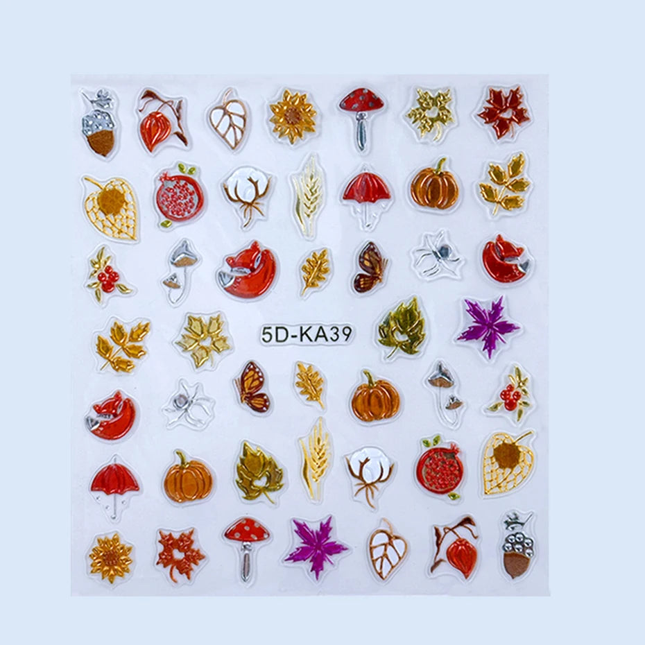 5D Metallic Autumn Nail Stickers – Leaves, Pumpkin & Fox Decals