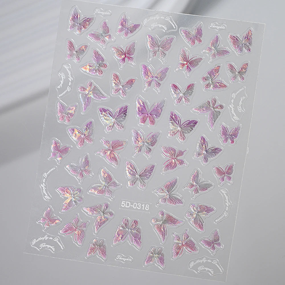 3D Aurora Shell Butterfly Nail Sticker – Pink & Purple, 8×10 cm