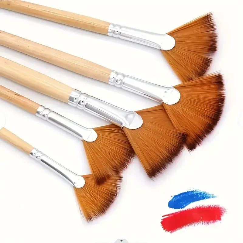 5pcs Fan Paint Brush Set – Nylon Hair Acrylic & Oil Painting Brushes with Short Wooden Handles