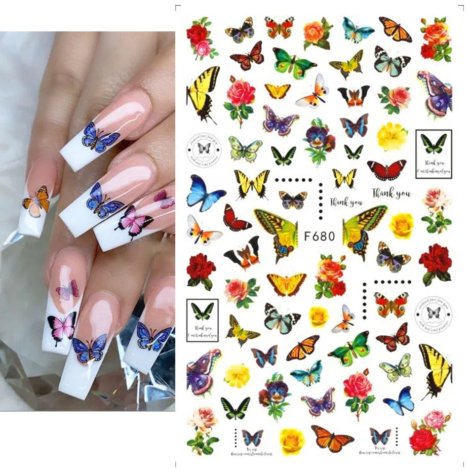 3D Butterfly & Flower Nail Art Stickers – Blue & Purple Decals for Manicure