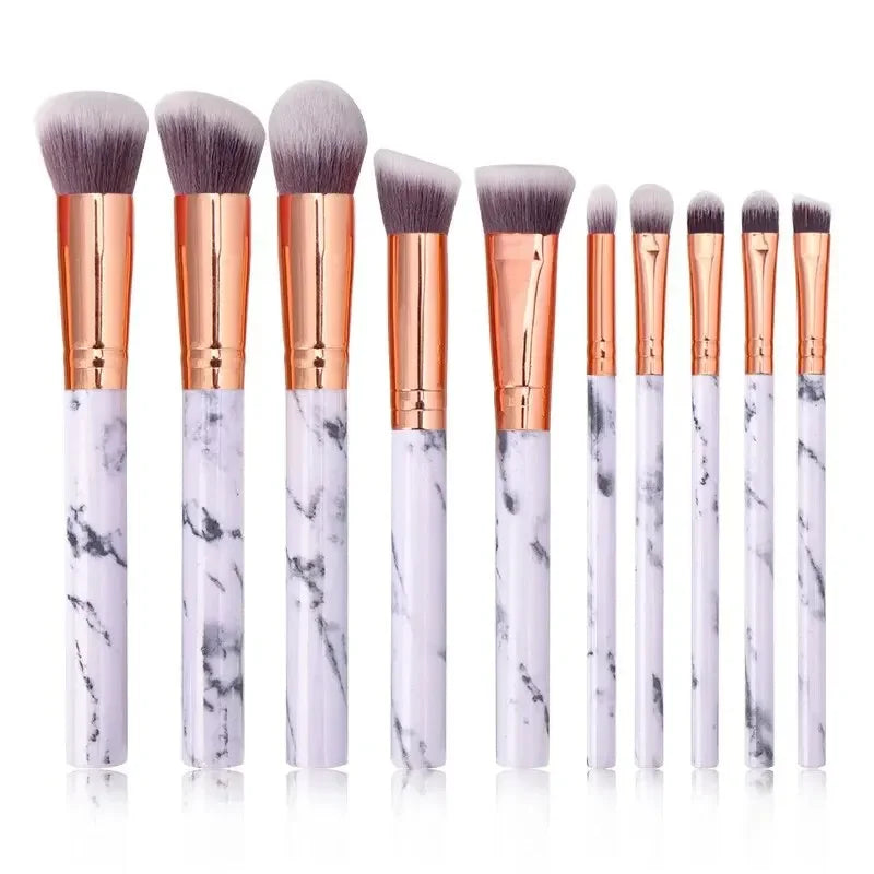 10PCS Marble Makeup Brush Set – Foundation, Blush, Eyeshadow, Eyebrow, Contour, Lip & Face Brushes