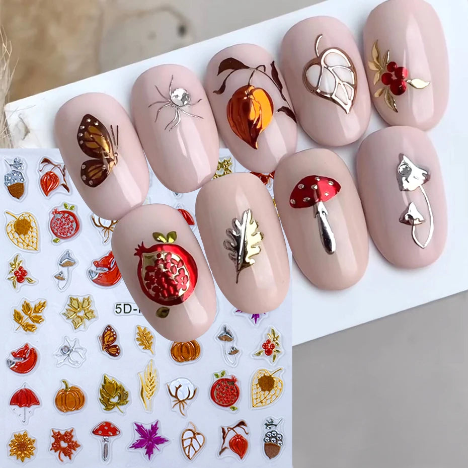 5D Metallic Autumn Nail Stickers – Leaves, Pumpkin & Fox Decals