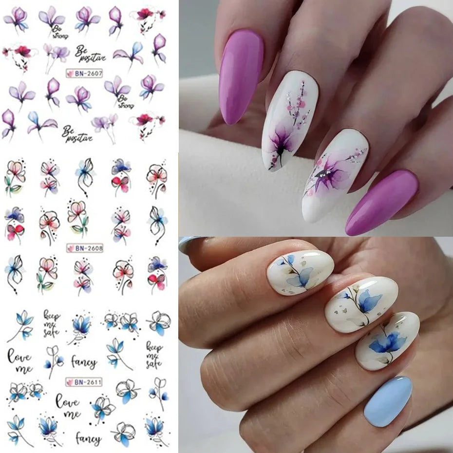 12pcs Floral Nail Sticker Set – Spring & Summer Water Decals