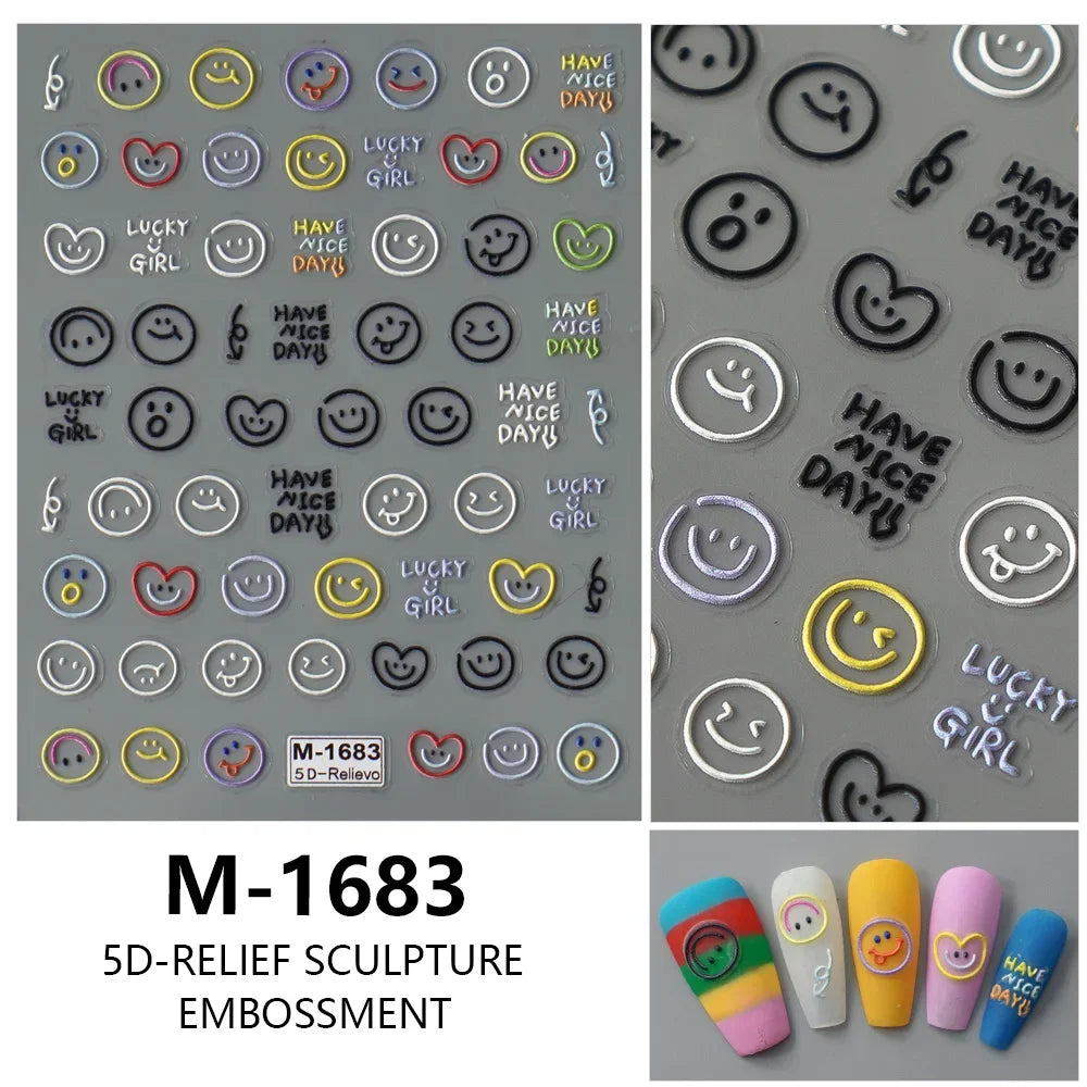 5D Smiley Face Nail Stickers – Embossed Japanese Macaron Decals