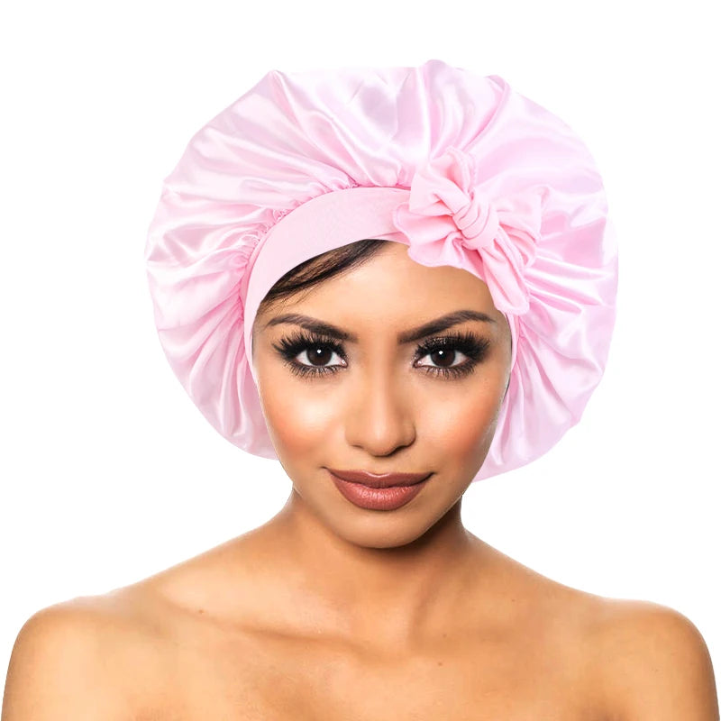 New Women’s Satin Sleeping Bonnet with Tie Bands – Adjustable Silky Cap for Curly Hair & Shower Use