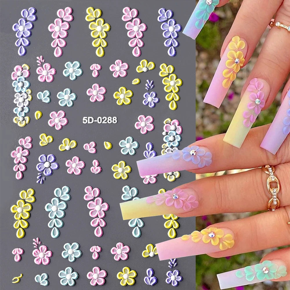 5D Spring Flower Nail Art Stickers – Colorful Daisy & Vine Decals for DIY Nails