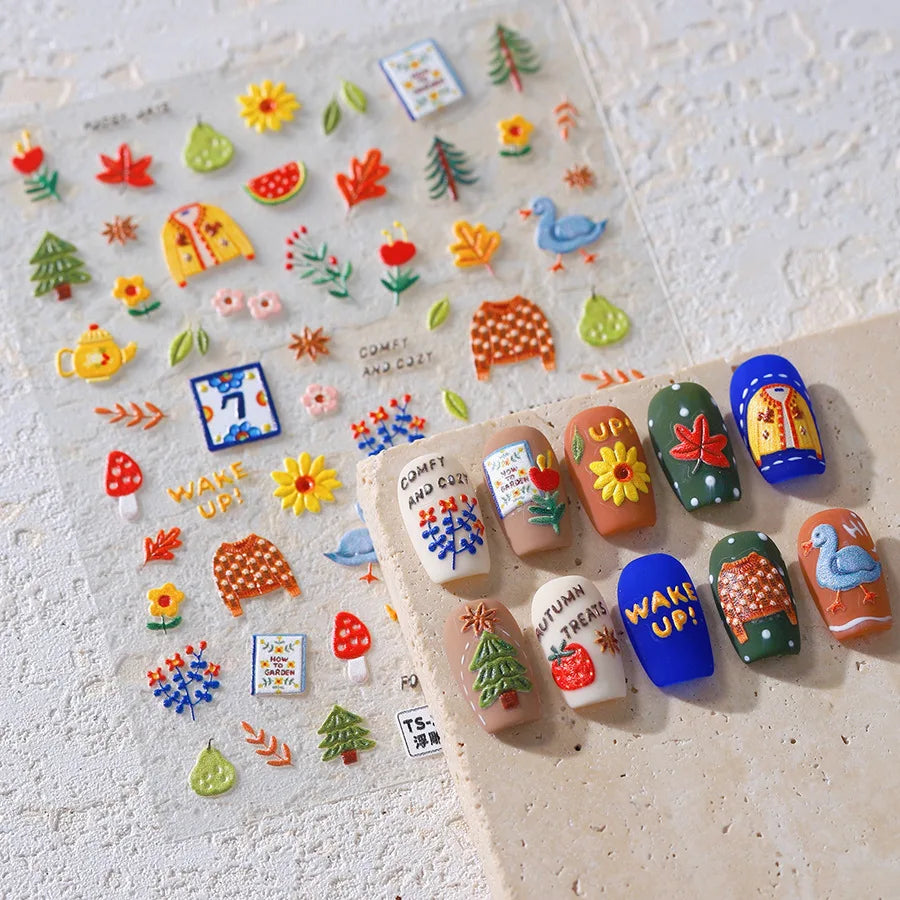 Autumn Maple & Ginkgo 5D Nail Art Stickers – Pumpkins, Ladybugs & Mushrooms