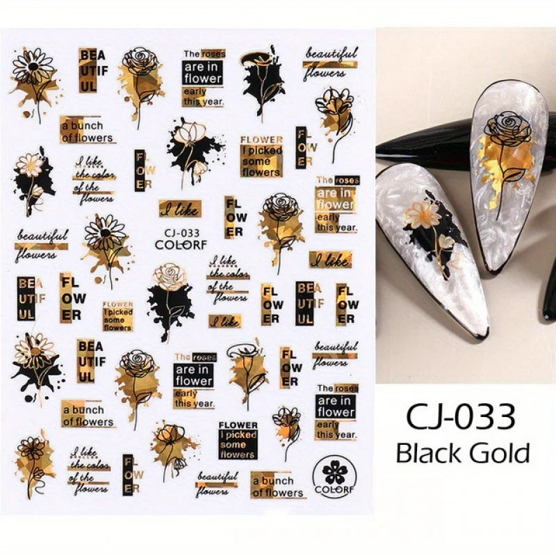 Black & Bronze Nail Art Stickers – Animal, Plant & Love English Designs