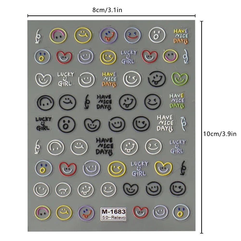 5D Smiley Face Nail Stickers – Embossed Japanese Macaron Decals