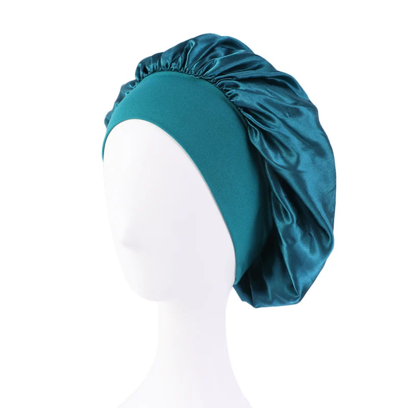 New Women’s Satin Solid Wide-Brimmed Sleeping Hat – Unisex Elastic Head Wrap Bonnet for Hair Care