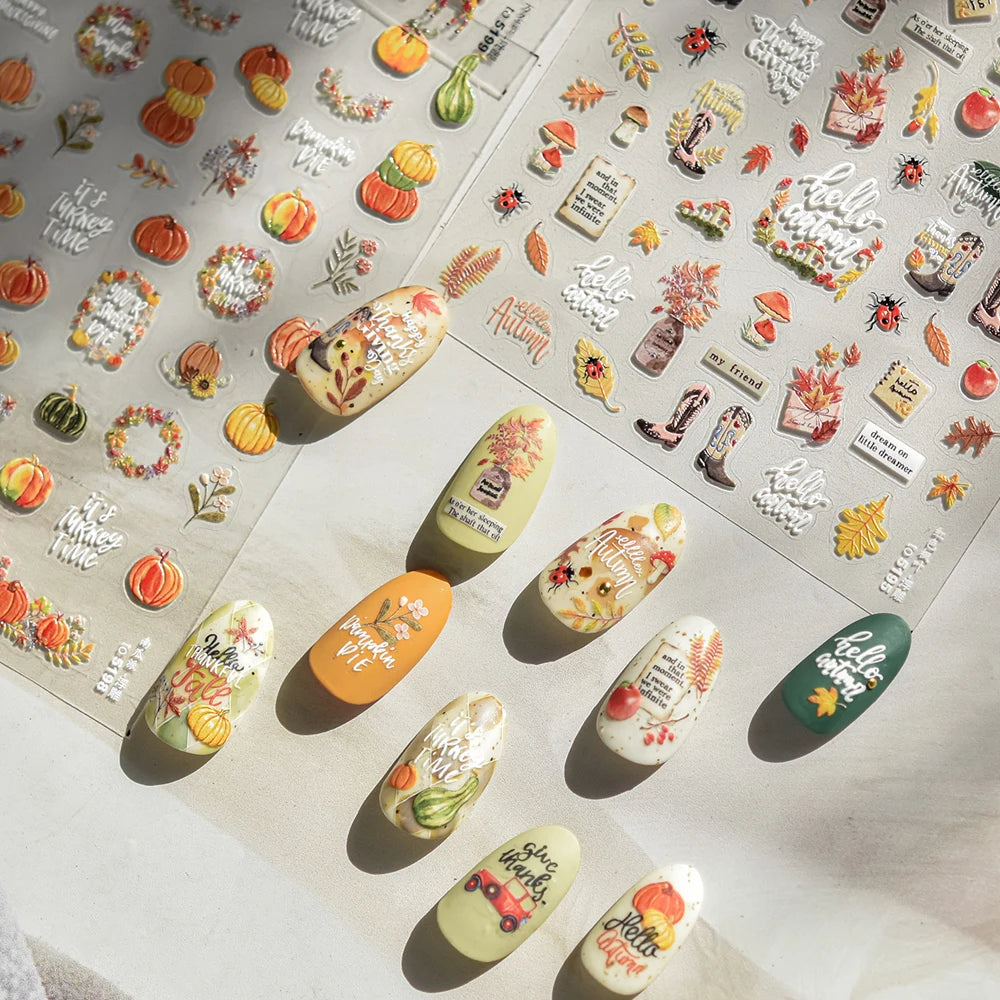 Autumn Maple & Ginkgo 5D Nail Art Stickers – Pumpkins, Ladybugs & Mushrooms