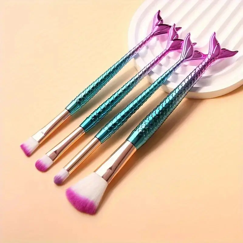 4-Piece Mermaid-Inspired Soft Makeup Brush Set with Fish-Tail Handles