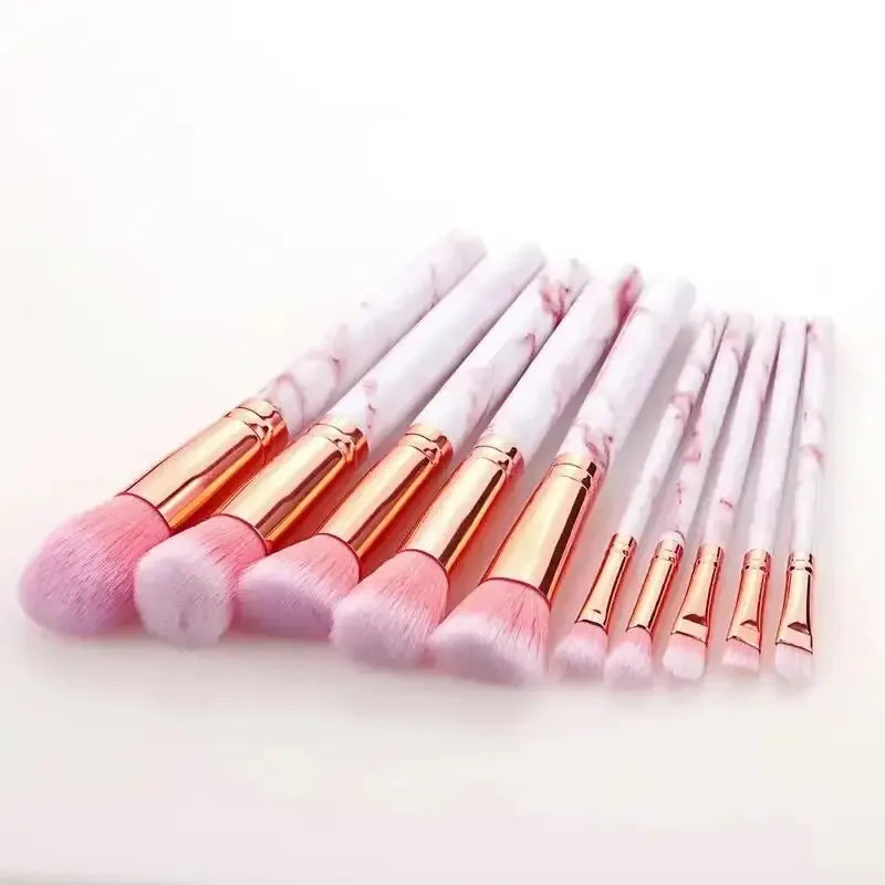 10PCS Marble Makeup Brush Set – Foundation, Blush, Eyeshadow, Eyebrow, Contour, Lip & Face Brushes