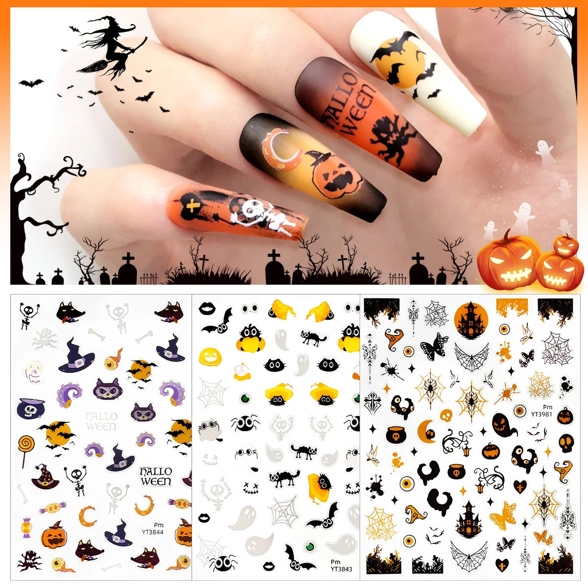 3pcs Halloween Nail Stickers – Pumpkin & Bat 3D Decals