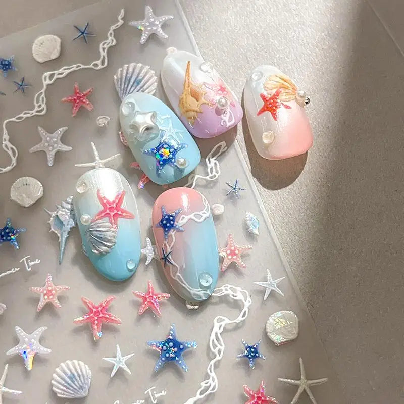 1 Sheet 5D Summer Seashell Nail Stickers – Starfish & Conch Decals