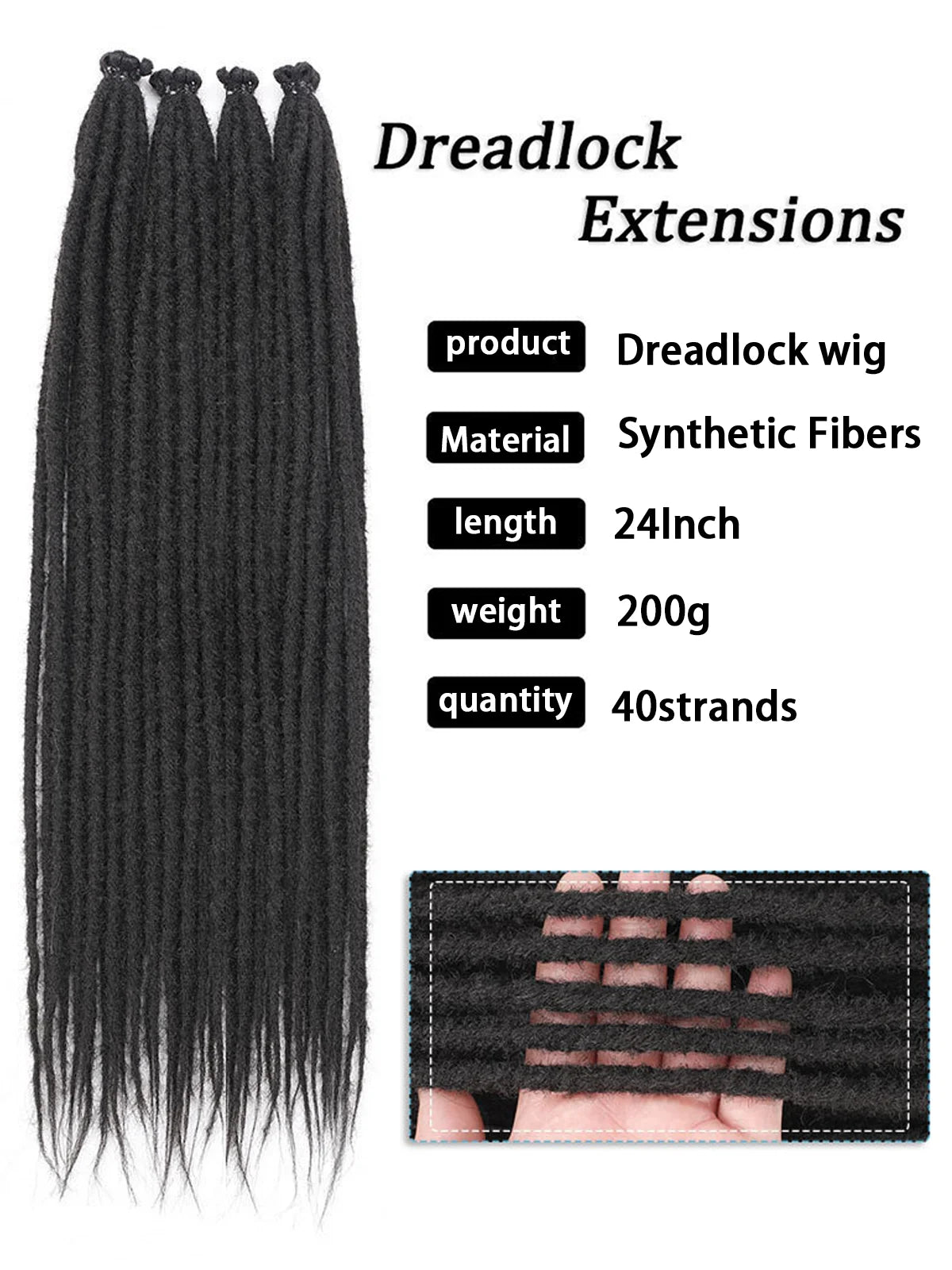 24" Straight Dreadlock Clip-In Extensions – 10 Strands Soft Synthetic Hair