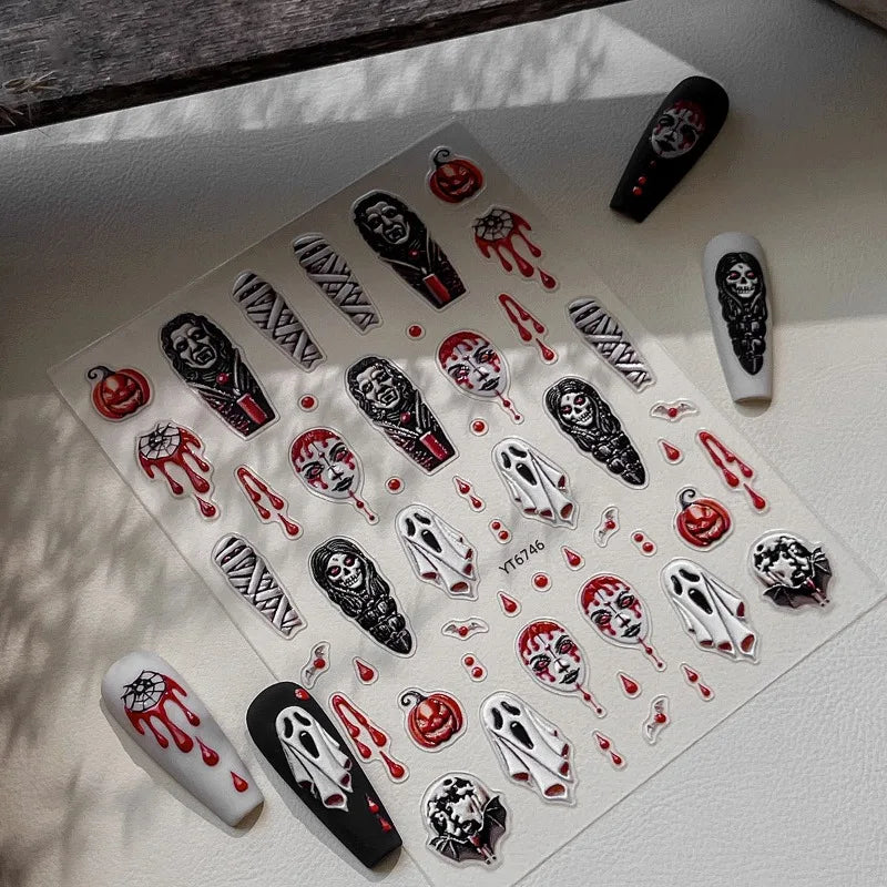 3D Halloween Nail Stickers – Laser Ghost, Spider & Pumpkin Decals