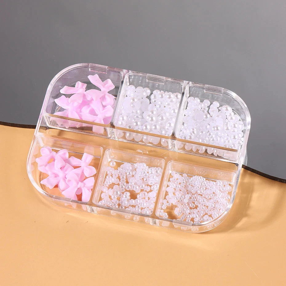 Kawaii 3D Mini Bow Nail Art Charms – Pink & White Pearl Resin Decorations