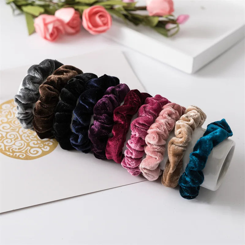New Trendy Slim Hair Scrunchies Set – 12pcs Thin Velvet Hairbands for Women & Girls, Wholesale Rubber Bands