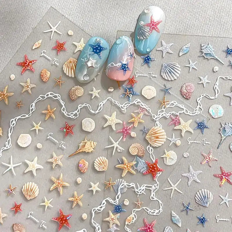 1 Sheet 5D Summer Seashell Nail Stickers – Starfish & Conch Decals