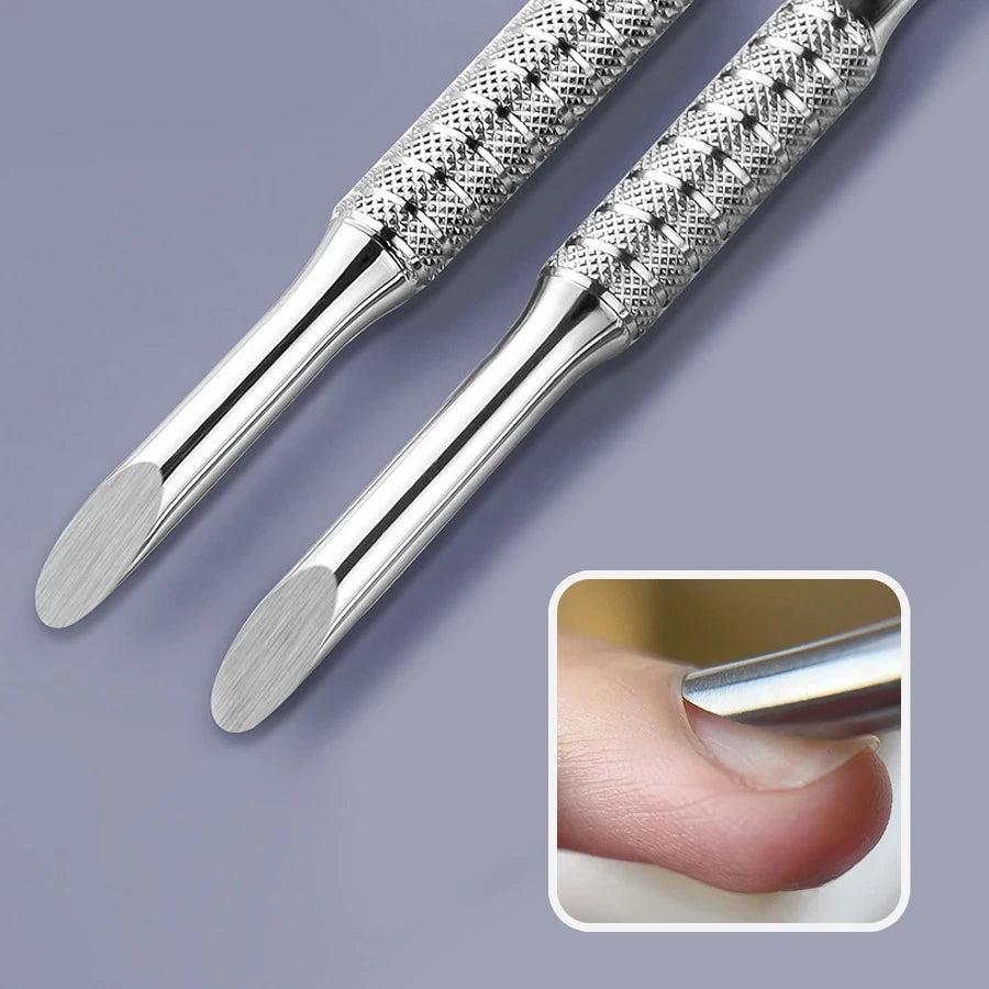 Double-Head Angled Hoof Cuticle Pusher, Stainless Steel Bevel Nail Art Pusher Manicure Stick