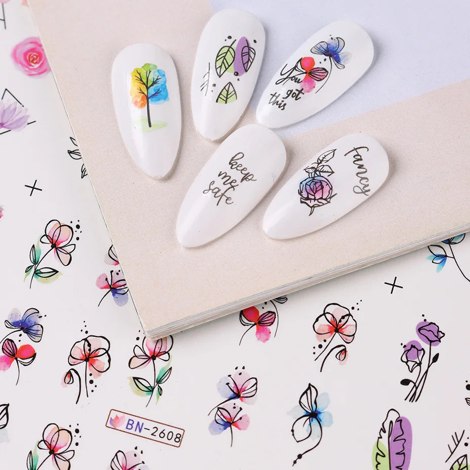 12pcs Floral Nail Sticker Set – Spring & Summer Water Decals