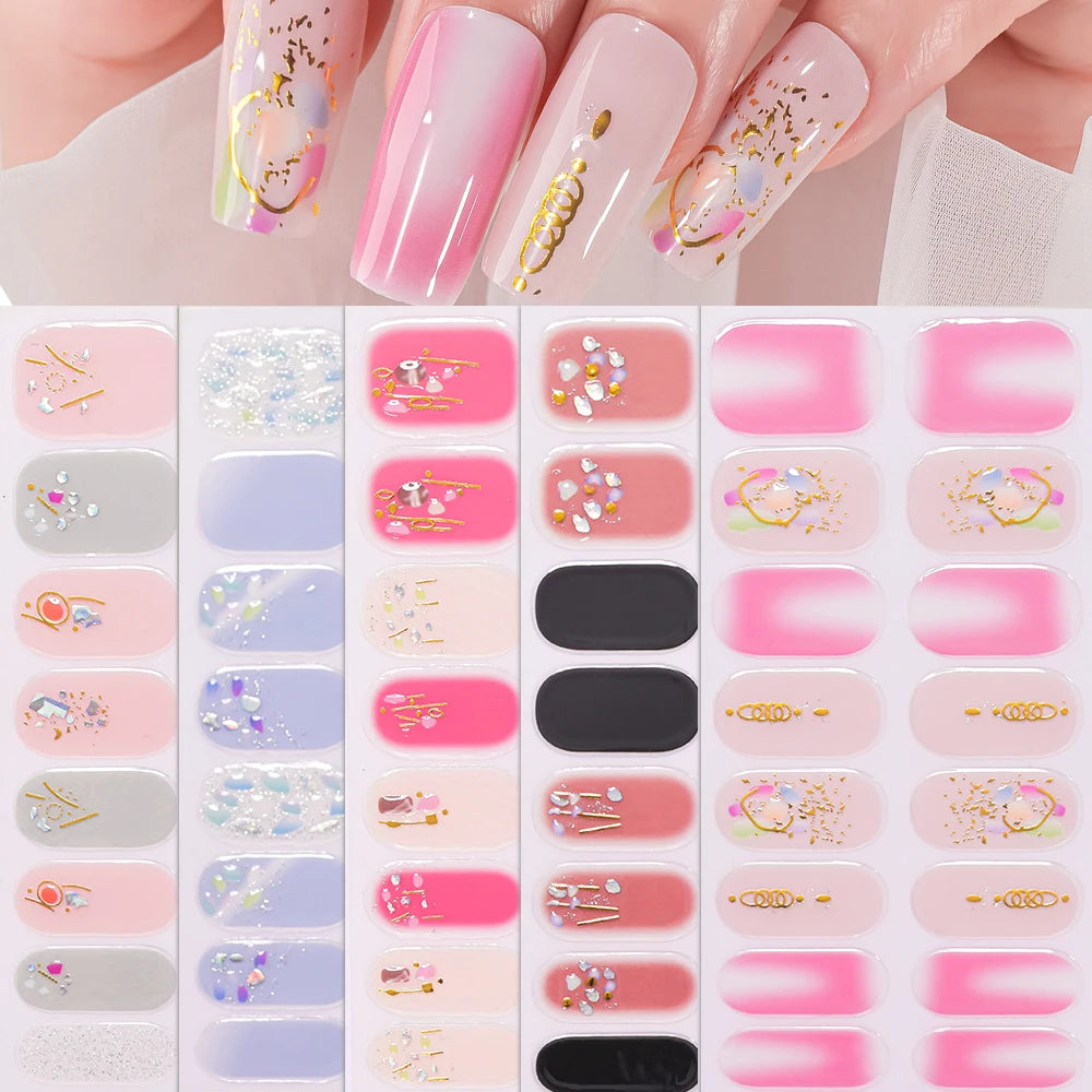 Dopamine Color 5-Sheet Nail Sticker Set – 80 Tips, 3D Foil & Line Full-Cover Wraps