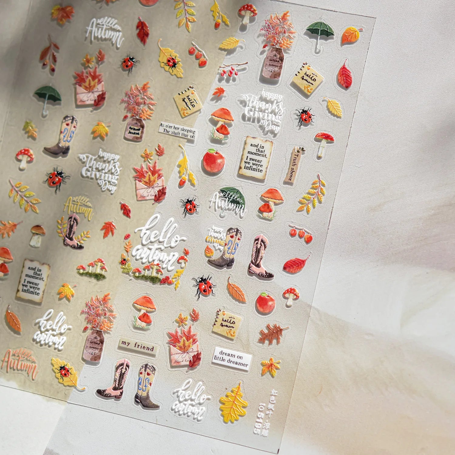Autumn Maple & Ginkgo 5D Nail Art Stickers – Pumpkins, Ladybugs & Mushrooms