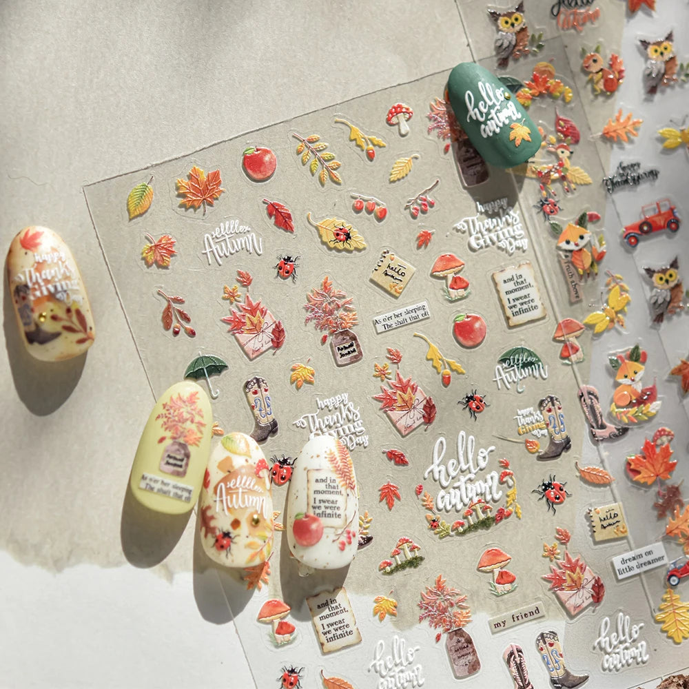 Autumn Maple & Ginkgo 5D Nail Art Stickers – Pumpkins, Ladybugs & Mushrooms