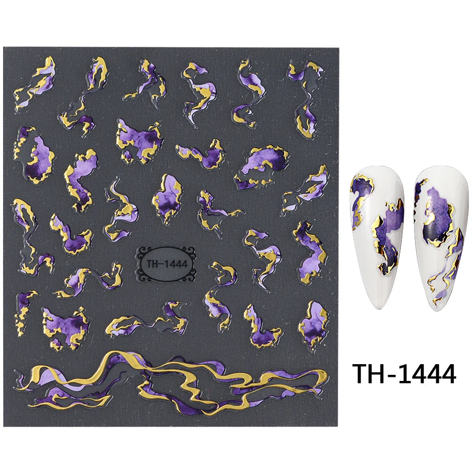 Holographic Purple & Blue Nail Art Stickers – Gold Ink Decals for DIY Manicure