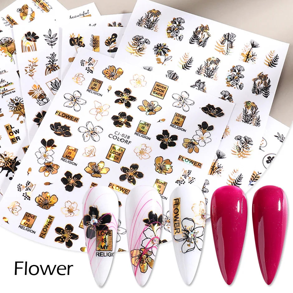 Black & Bronze Nail Art Stickers – Animal, Plant & Love English Designs