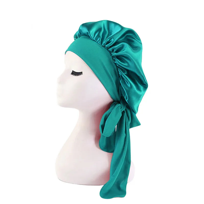 New Women’s Satin Sleeping Bonnet with Tie Bands – Adjustable Silky Cap for Curly Hair & Shower Use