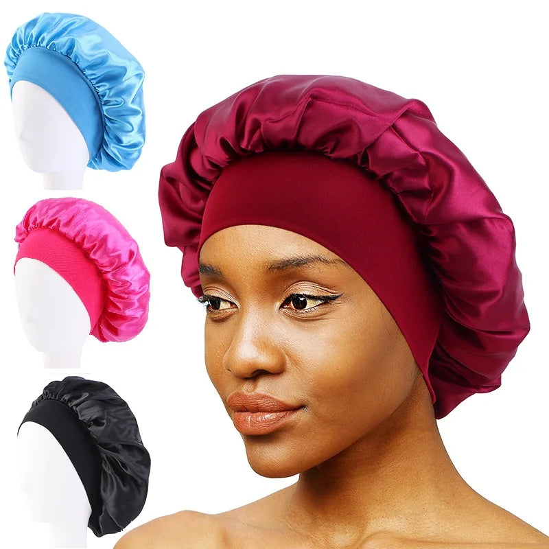 New Women’s Satin Solid Wide-Brimmed Sleeping Hat – Unisex Elastic Head Wrap Bonnet for Hair Care